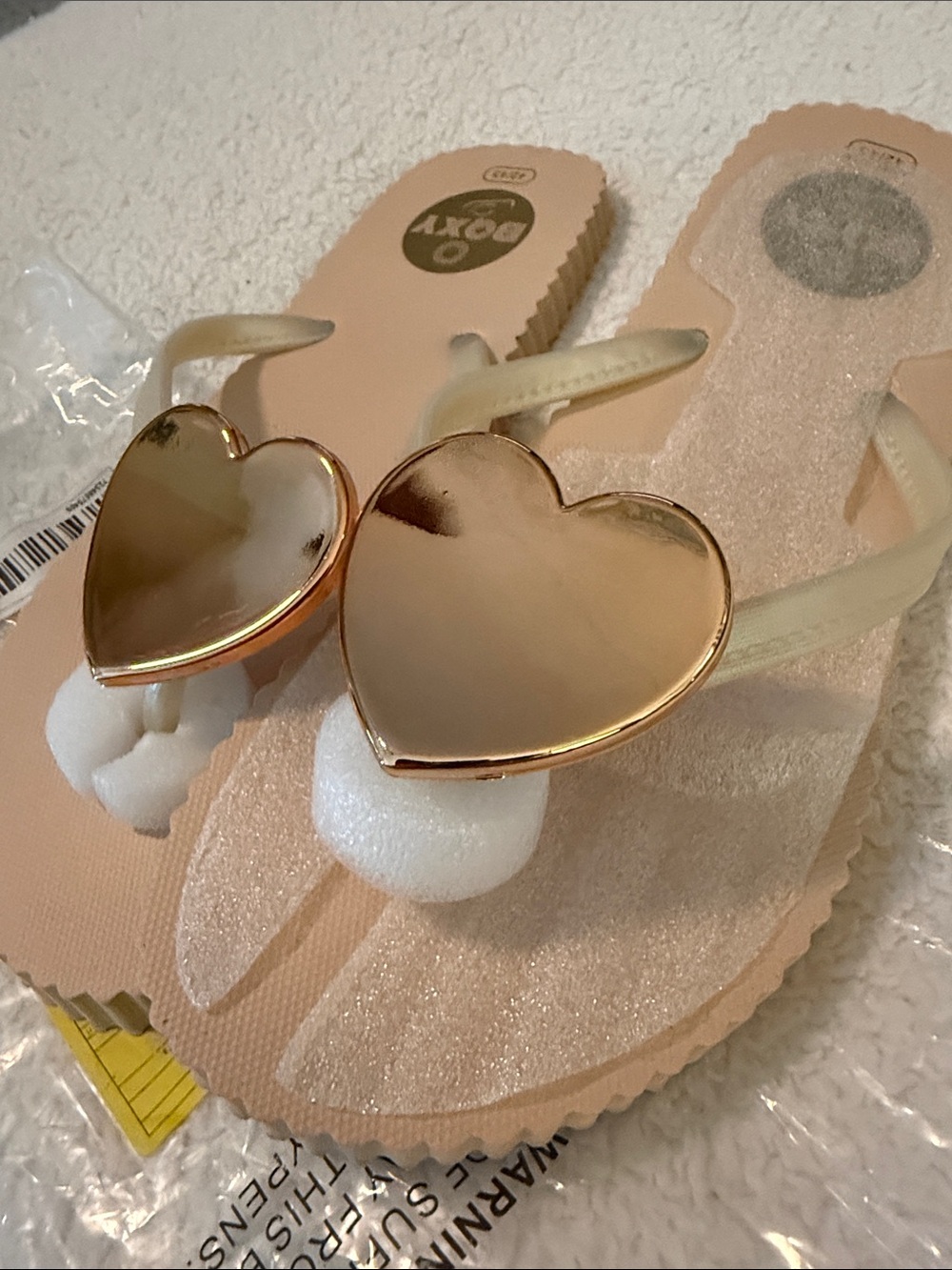 Boxy Beige Pink Flip Flop Sandals with Metallic 💛 Gold heart 💛